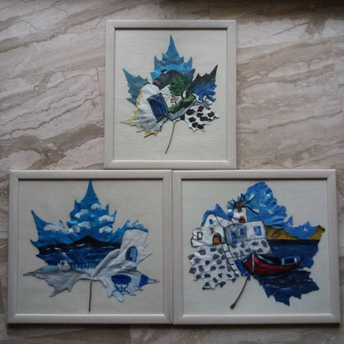 Aegean Memories set of 3 handmade plane leaf paintings