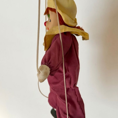 Vintage clown marionette with porcelain head and wooden control cross, like new