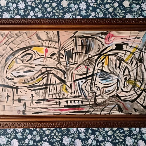 Outsider art painting on cardboard with tempera and ink in wooden frame