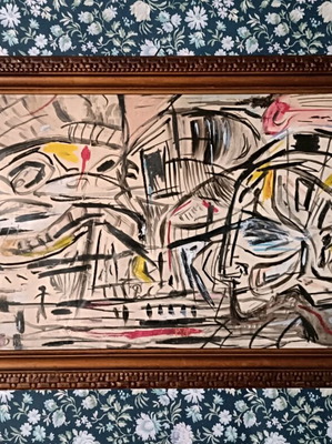 Outsider art painting on cardboard with tempera and ink in wooden frame