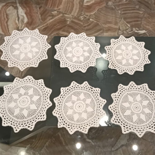 Handmade crochet doilies set of 9, star flower motif, 1965