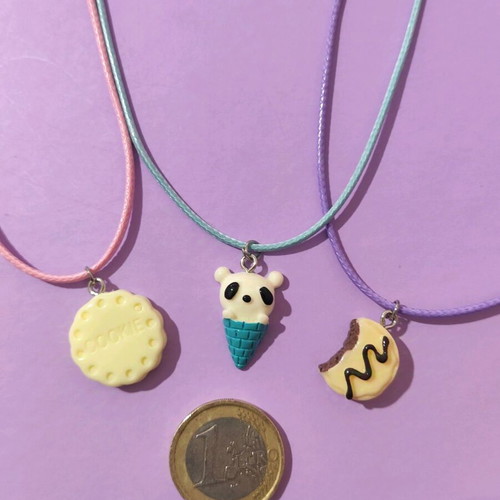 Set of 3 kids' necklaces cookies and ice cream with gift steel candy ring new