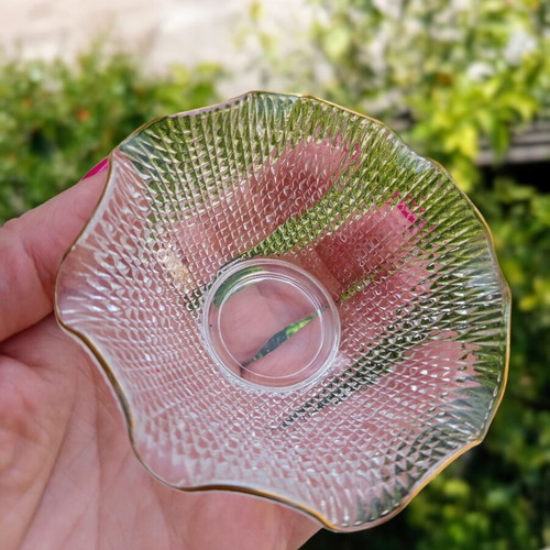Vintage embossed glass trinket dish with gold trim