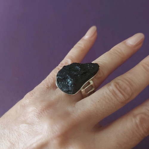 Silver ring with lava adjustable new, black and silver