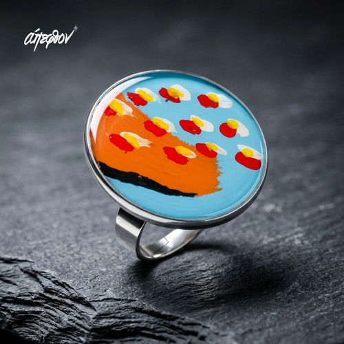 Reflexion Adjustable Ring Hand-Painted Stainless Steel Blue Orange