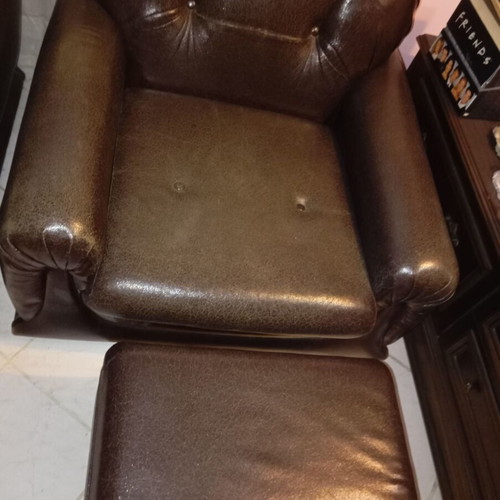 Armchairs and low seats set used, 2 armchairs and 2 stools with cushions