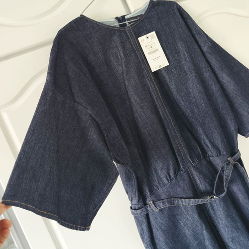 Zara Dark Blue Denim Mini Dress with Kimono Sleeves and Belt Size M New