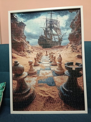 Puzzle 1000 pieces with white wooden frame, like new, 50x70 cm