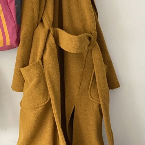 Moutaki oversized coat with hood, belt, yellow and orange, new, S/M