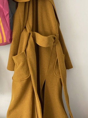 Moutaki oversized coat with hood, belt, yellow and orange, new, S/M