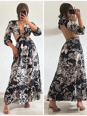 Boho black and white long dress new with cutouts and floral print