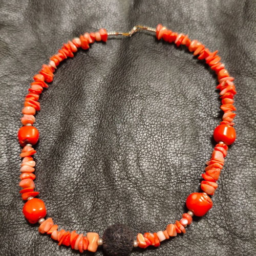Handmade coral, lava & 925 silver necklace, 44 cm