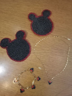 Disney 18K gold plated necklace and bracelet set with handmade embroidered coasters