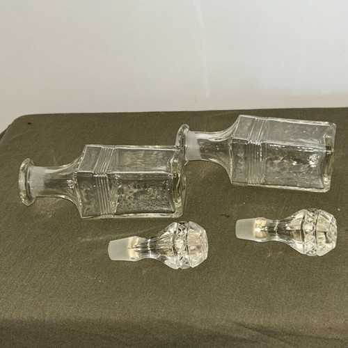 Vintage glass bottles set of 2 with embossed stoppers