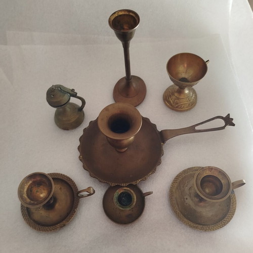 Vintage brass items used, set with 18 cm candlestick
