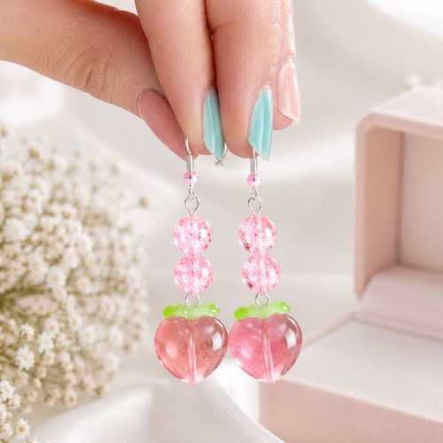 3D Sweet Peach Earrings handmade, pink resin and crackle beads