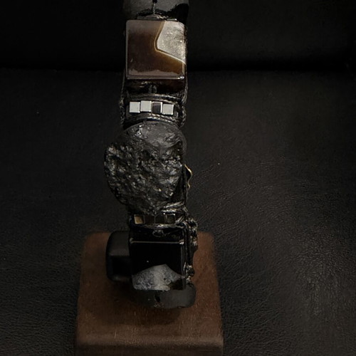 Men's Black Leather Bracelet with Meteorite and Natural Black Agate, New