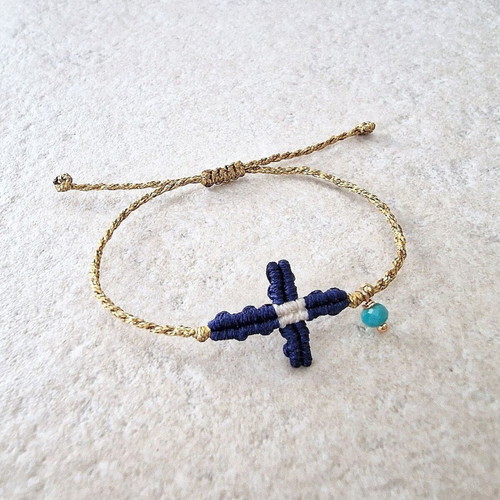 Anniversary bracelet with cross and Greek flag on gold cord new