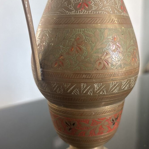Vintage Hand Engraved Brass Vase with Colored Enamel from India like new