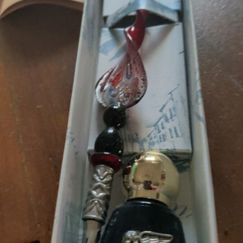 Glass pen with ink bottle, new, gift set from Venice
