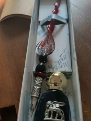 Glass pen with ink bottle, new, gift set from Venice