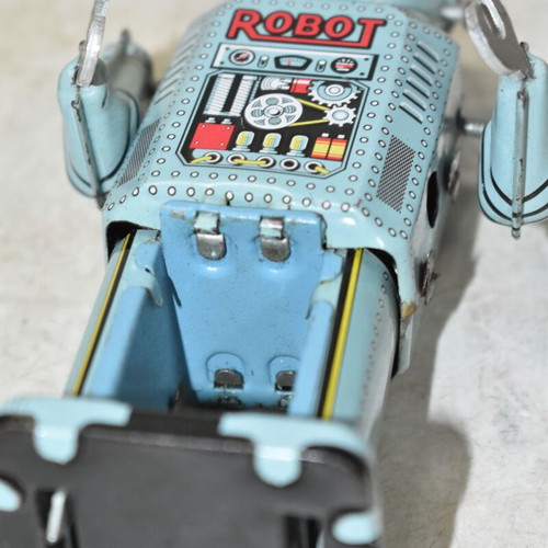 Vintage tin wind-up robot used, blue color