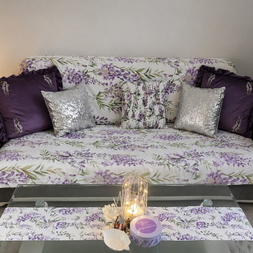 Home lavender set new with blanket, pillows, tablecloth, candle, lamp