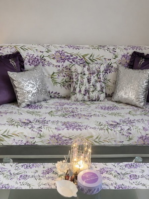 Home lavender set new with blanket, pillows, tablecloth, candle, lamp