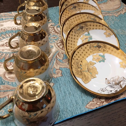 Vintage Japanese Coffee Set New, Satsuma Porcelain with Gold Trim