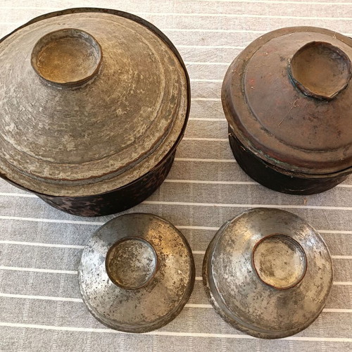 Copper pots used, pack of 3 with lids and tongs