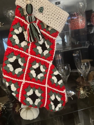 Christmas stocking handmade knitted with square motifs, height 40 cm