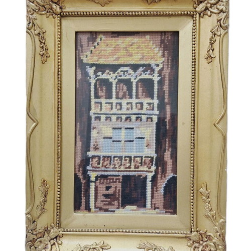 Vintage Gobelin Cross Stitch Architectural Scene in Frame like new