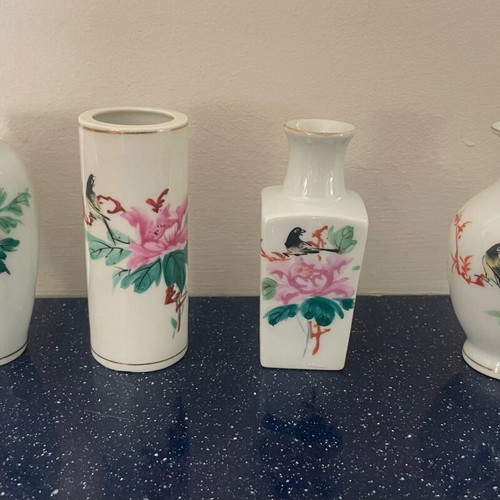 Set of 4 used Chinese Qianjiang Cai vases with birds and blossoms
