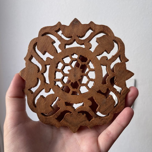 Vintage wooden coaster set 6 pieces with carved design and holder