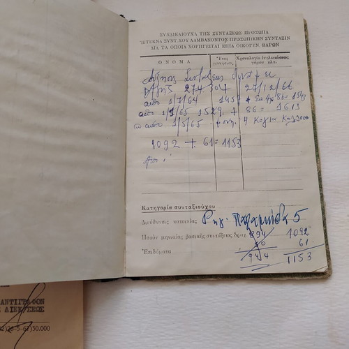 Collectible Greek military pension documents 1950s-60s used
