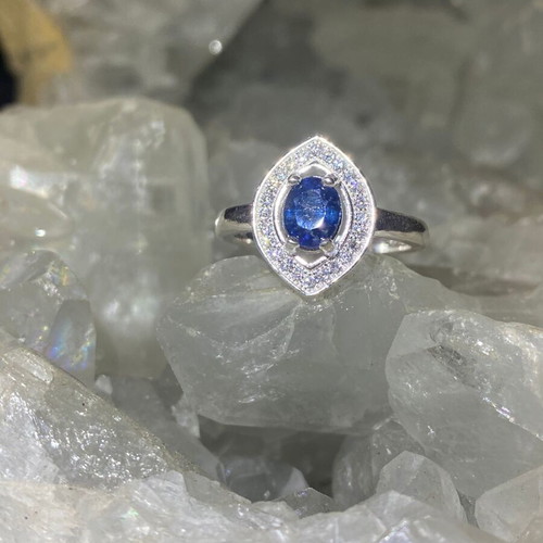 Handmade silver ring with natural blue sapphire and moissanites, size 10