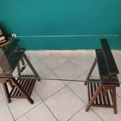 Desk with Glass Top on Two Sawhorses Like New