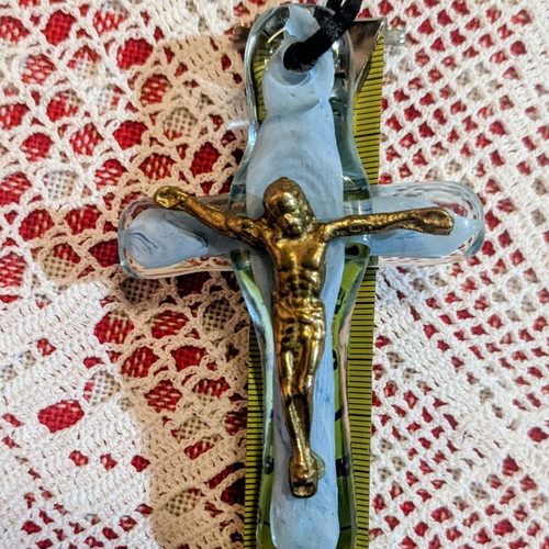 Handmade crucifix pendant made of blown glass and brass, like new