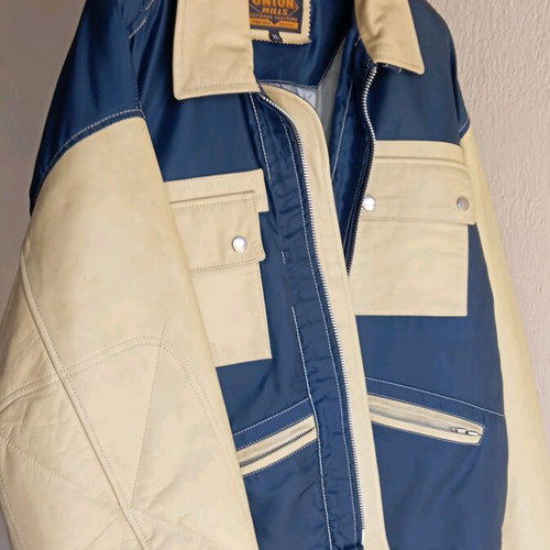 Union Mills leather jacket new, size XL, blue and beige