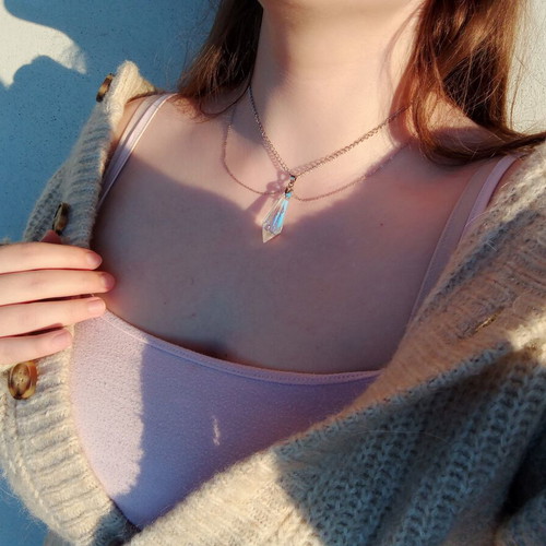 Steel layered necklace with large iridescent crystal, new, silver color