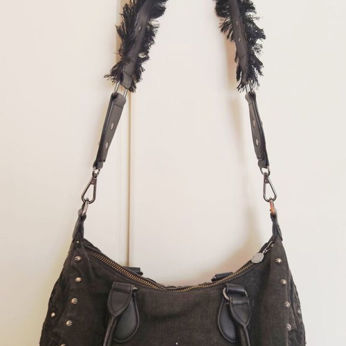 Desigual black grey denim crossbody bag used with embroidered flowers and studs