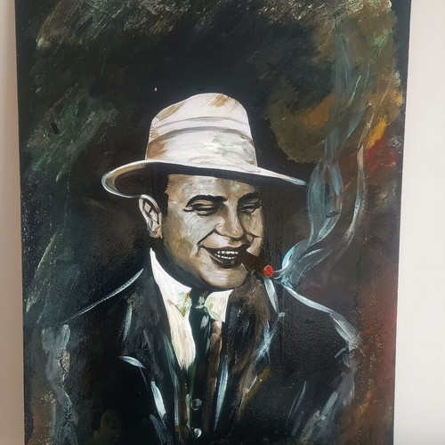Al Capone painting new, oil on plywood with autograph