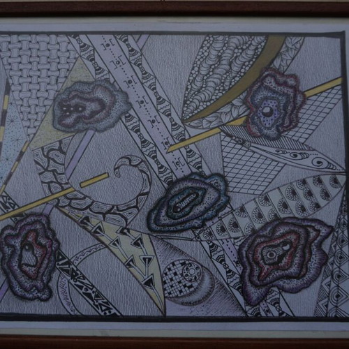 Zentangle style painting with geometric patterns in wooden frame like new