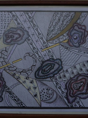 Zentangle style painting with geometric patterns in wooden frame like new