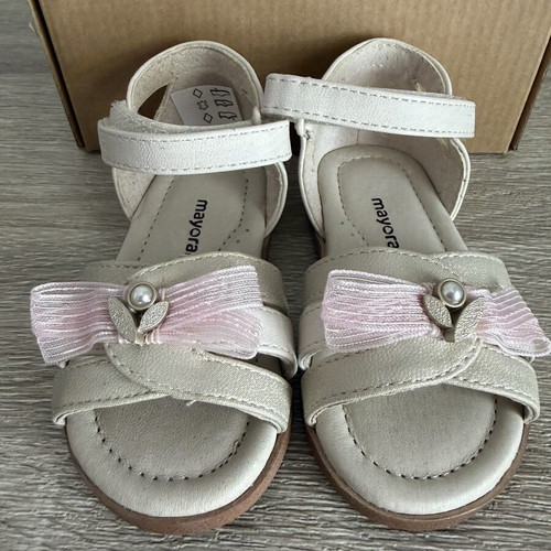 Mayoral beige leather baby sandals with pink bow new