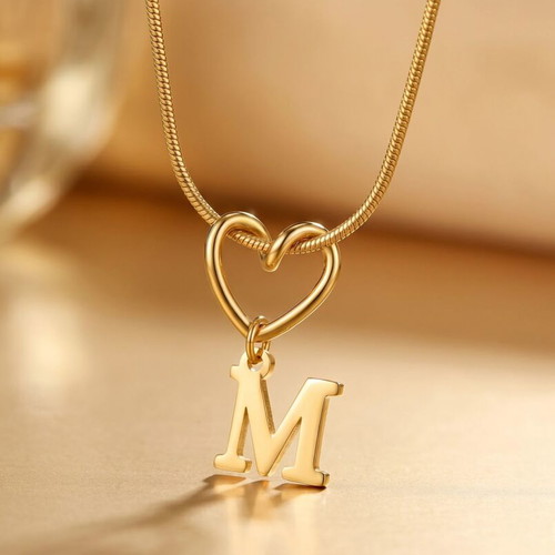 18K Gold Initial M Heart Necklace Stainless Steel New