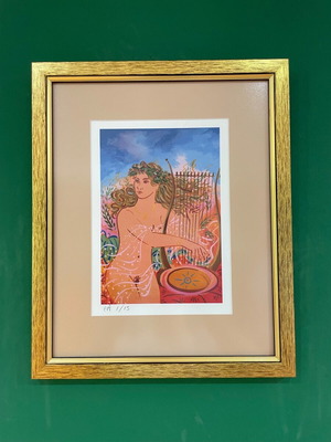 G. Stathopoulos Silk Screen Print The Harpist with Gold Frame