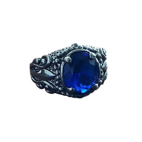 Ring with blue sapphire new, black rhodium plating