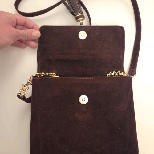 Structured Suede and Patent Leather Tassel Crossbody Bag used, burgundy
