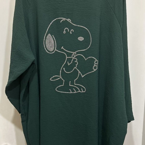 Maxi oversize blouse tunic with Snoopy print, dark green